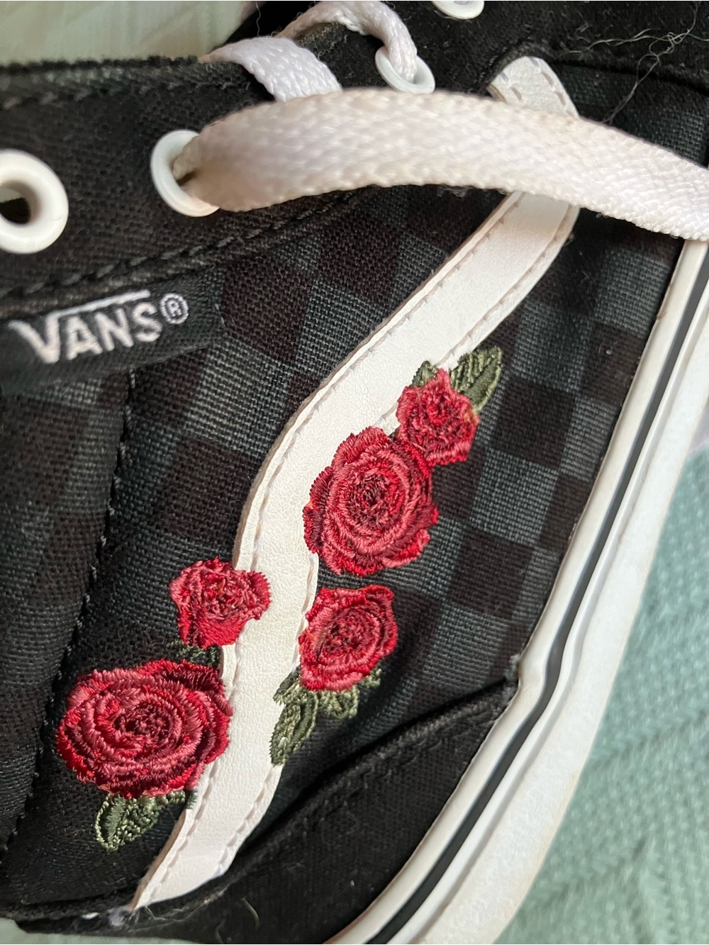 Vans Black Checkerboard Sneaker with Red Rose Embroidery